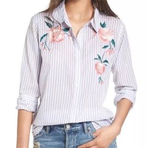 Rails Nevin White Pinstripe Pink Floral Embroidered Button Down Shirt